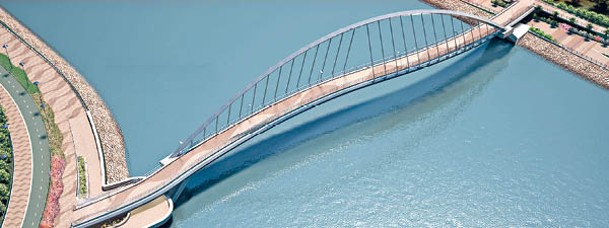 以波浪為設計主題的海濱南橋，橋長150米，連接將軍澳海濱長廊和日出康城。