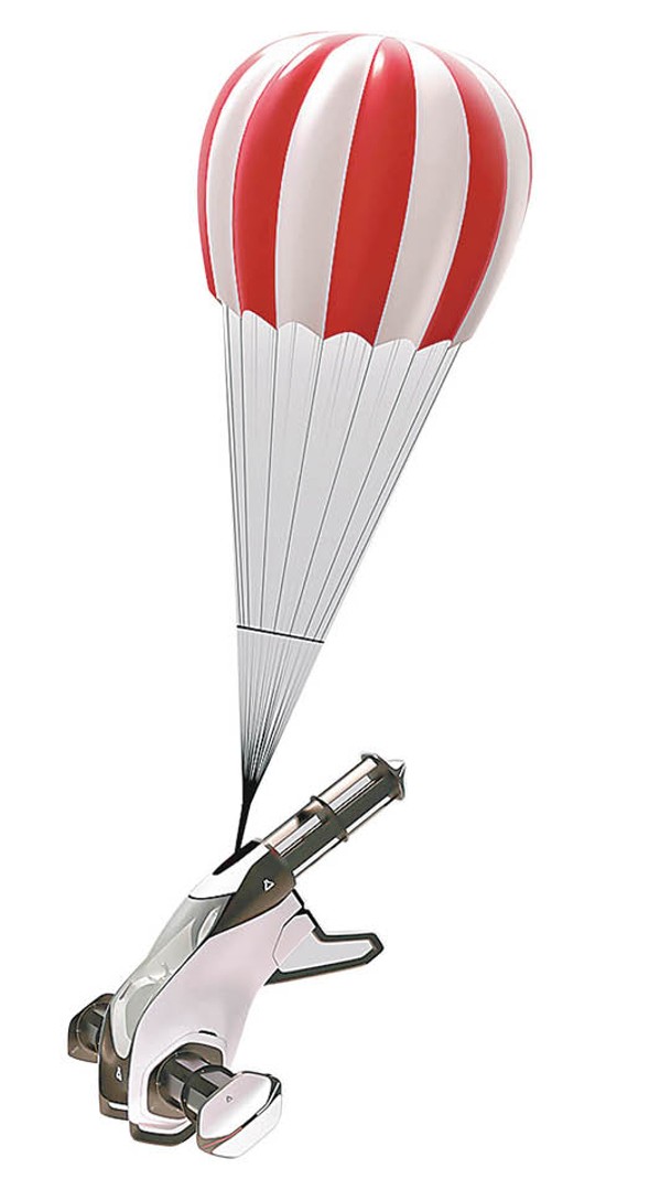 緊急情況下，可打開設於飛行器頂部的彈道式降落傘作安全降落。