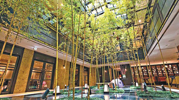 酒店中庭為兩層樓高的竹林造景，散發濃濃的嵐山風情。