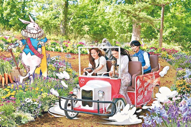 「愛麗絲森林」可邊駕駛英倫風四輪車，邊觀賞88種花卉及蘿蔔梯田。