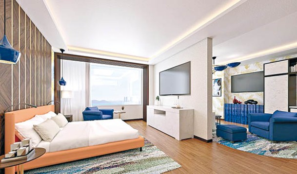 作為三幢酒店建築之一的翠林樓，其客房以棕色和藍色打造出大自然的感覺。