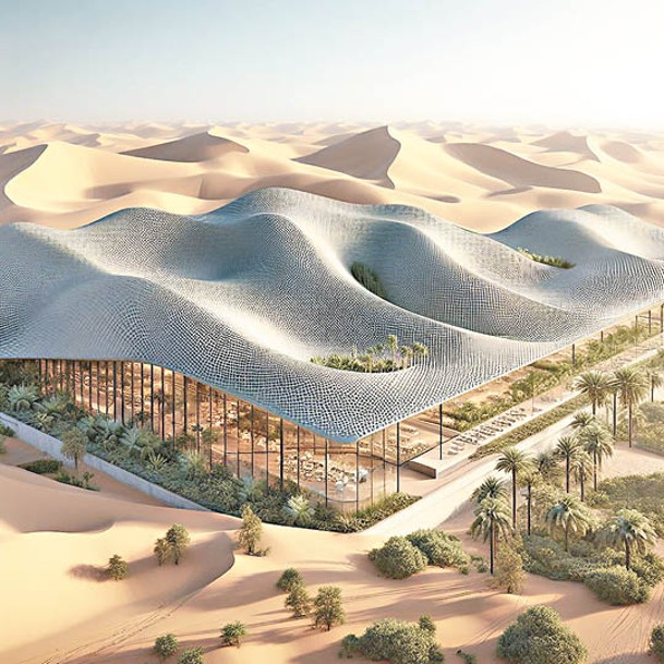 「Desert Resort」的頂部模仿連綿起伏的沙丘脊線來設計。（Joshua Ndace）