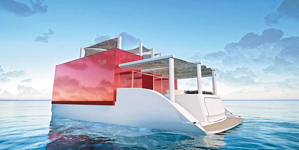 從預想圖所見，「Cube Houseboat」猶如一座在海上漂浮的紅色小屋。（Jacopo Leoni）