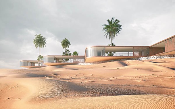 以木色為主調的「Dune Camping」，彷彿跟周邊的沙海融為一體。（Dilshod Sharipov）