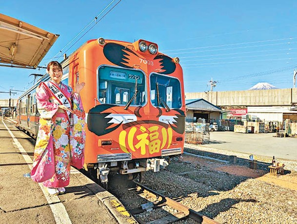 祭典期間富士市內的岳南電車將變身達摩列車，內外都有相關元素布置。