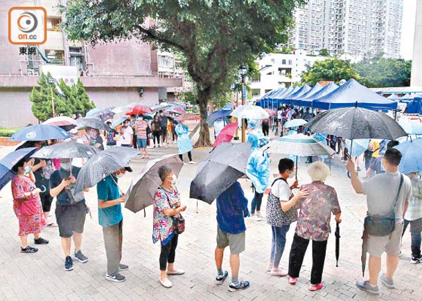 街坊冒雨排隊等候檢測。（劉子文攝）