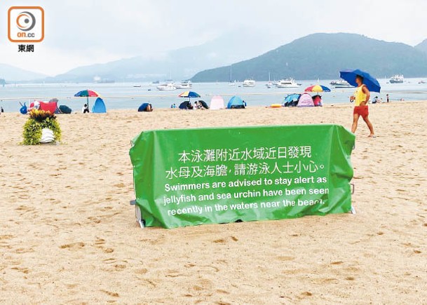 大埔：康文署在龍尾泳灘上貼出告示提醒泳客注意。