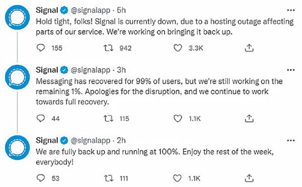 Signal在社交平台指，程式受到伺服器託管平台連線中斷而受影響，並就服務中斷向用戶致歉。