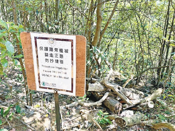 漁農自然護理署在山徑上插有警告牌，提示行山客勿抄捷徑。