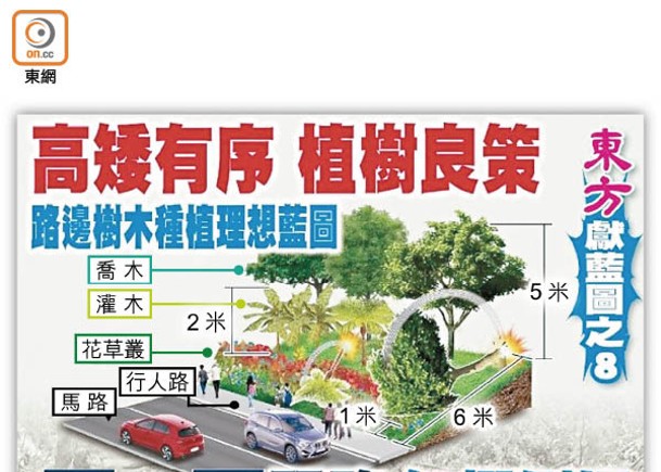 東方再獻路邊樹木種植理想藍圖，建議馬路與行人路旁的植物栽種要有規劃，種植樹木時共分多排。