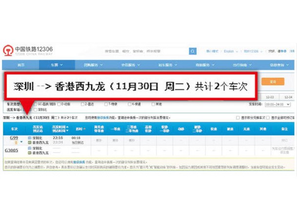 網站「中國鐵路12306」一度顯示在本月30日有由內地抵港的高鐵列車資料。