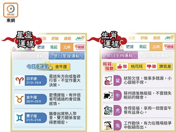 點選「是日生肖運程」（右圖）或「是日星座運程」（左圖），簡單一句即可知道當日運勢。