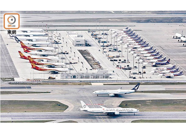 受疫情影響，飛機航班大減，大批飛機停泊於機場停機坪。
