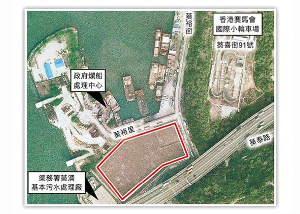 據政府地圖顯示，焚化爐舊址（紅框示）附近有國際小輪車場、污水處理廠等。