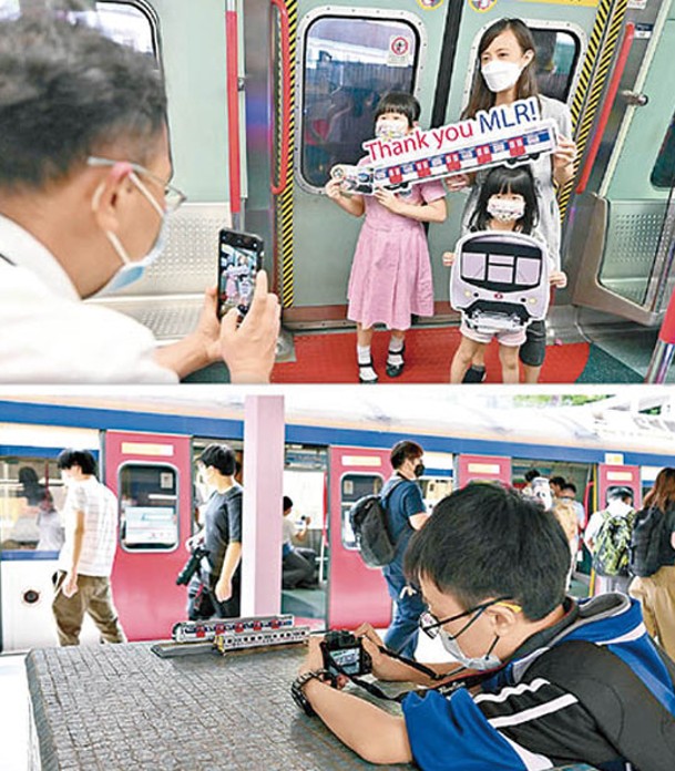 不少市民昨日送別「烏蠅頭」列車，有市民在列車車廂內外拍照留念。