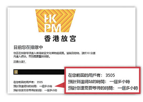 香港故宮文化博物館網頁昨早一度需要輪候一個多小時，才能進入。