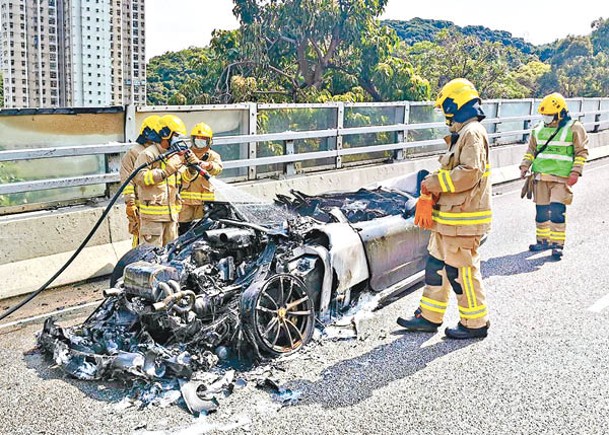 法拉利付之一炬，消防射水降溫。（馬竟峯攝）