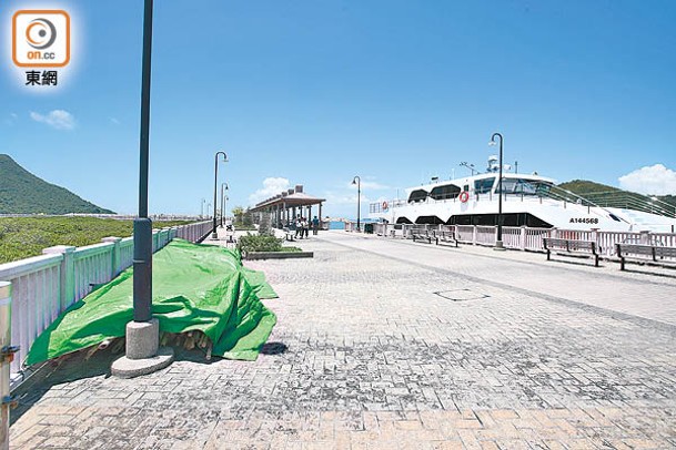 有竹枝（綠布遮蓋）長期擺放在碼頭，佔用行人通道。