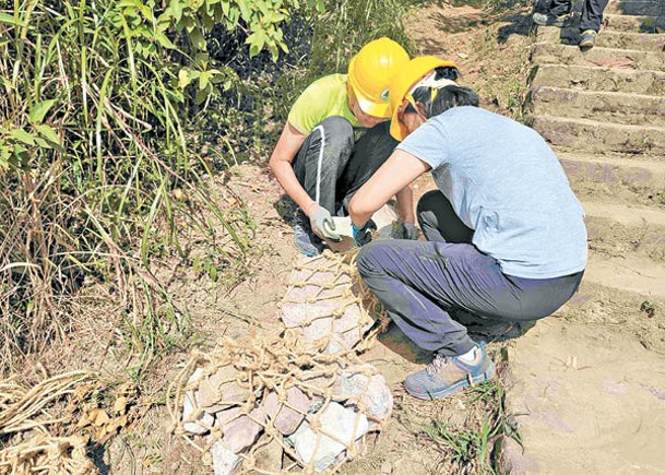 製作石籃有助緩減雨水沖刷。