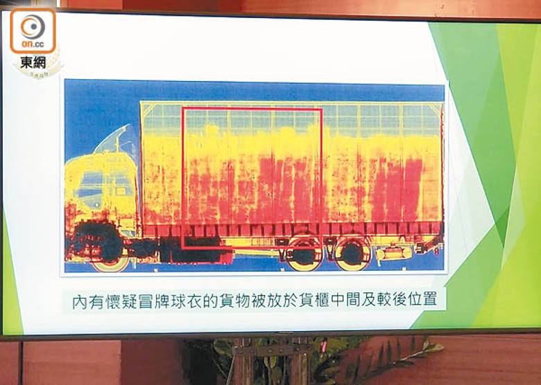 X光顯示冒牌波衫放置於貨櫃車的中間及較後位置。（蘇偉明攝）