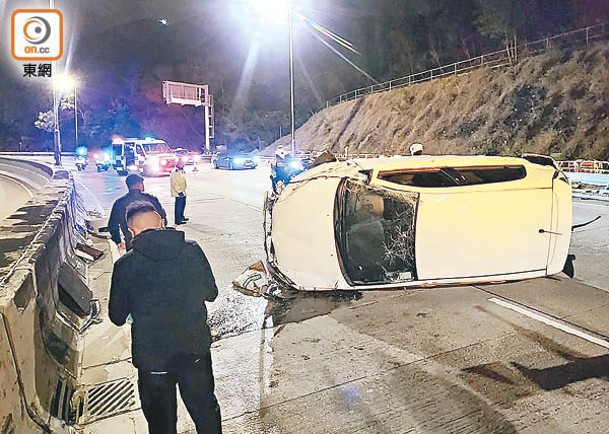 龍翔道：私家車疑避狗失事翻側。（沈厚錚攝）