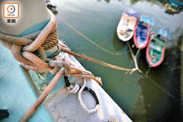 漁民以繩索把漁船扣起，並綁於天橋欄杆，穩固船身。