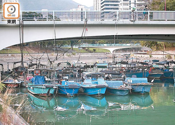 大埔區林村河有大批漁船打橫停泊，幾乎佔盡整條河道。