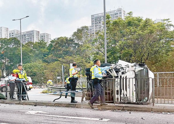 貨車避貓撞欄翻側