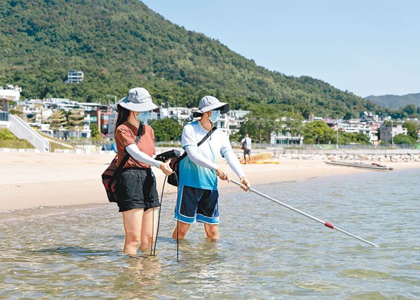 環保署人員在泳灘實地抽取海水樣本及量度現場數據。
