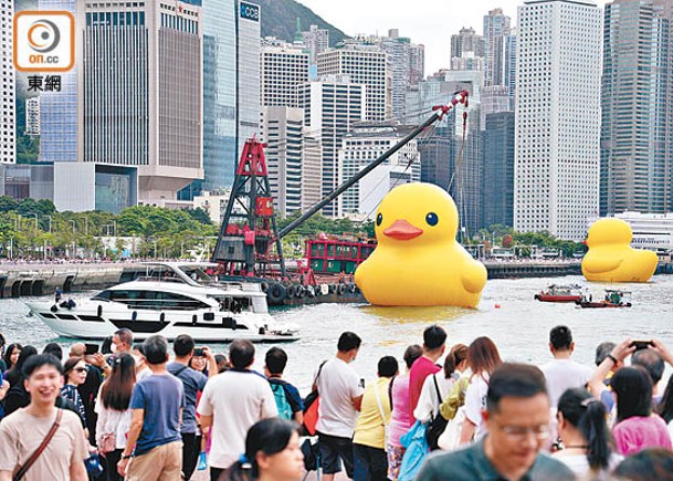 巨型黃鴨終迎來最後一日展期，大批市民到場打卡合照並歡送巨鴨。（袁志豪攝）