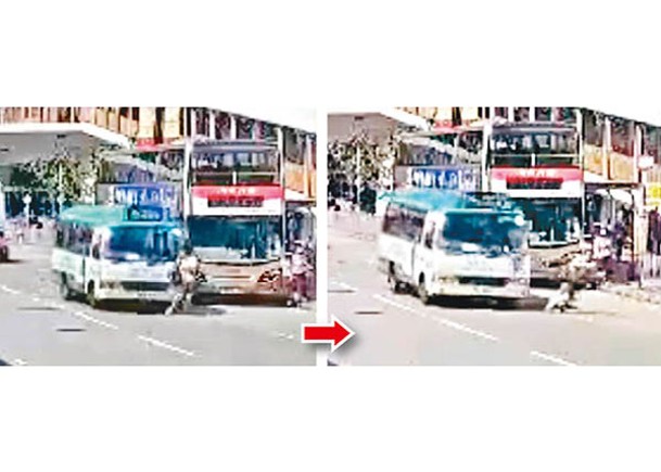 男子於巴士車頭橫過馬路時（左圖）被小巴撞倒（右圖）。