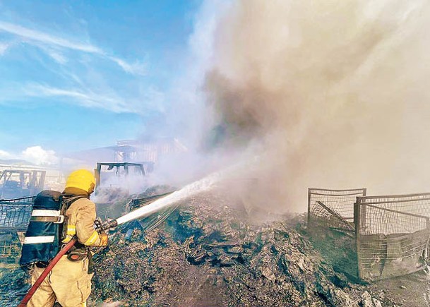 元朗：消防向火場射水灌救。