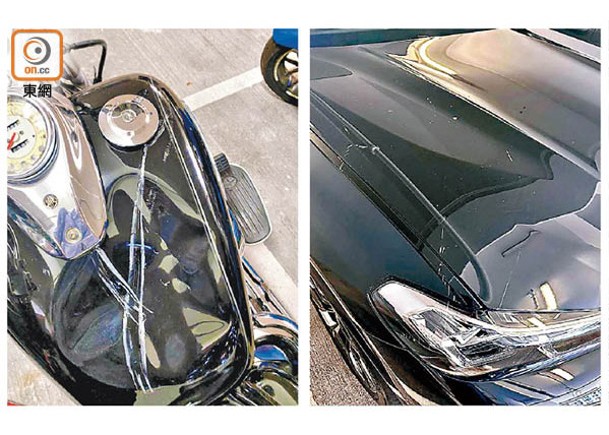 被刑毀的私家車（右）及電單車（左）。