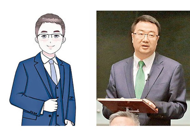 尚海龍（右）搵人幫手設計Q版肖像（左）。