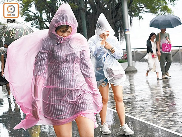 穿上雨衣的市民仍被強風吹至難以睜眼。（黃仲民攝）