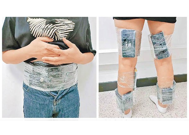 涉案香港女子用保鮮紙綑綁手機放在腰及腳部。