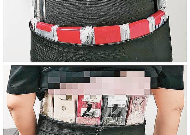 旅客腰腹部用黑色彈力繃帶綑綁舊手機。