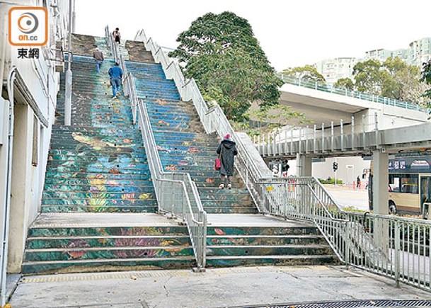 紅磡：紅磡道近戴亞街天橋升降機工程未完工，居民仍要行百步梯上落。（袁志豪攝）