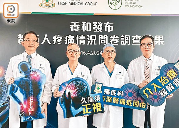 養和醫院發布疼痛調查報告。左起：唐家輝、陳煥堂、李振垣、張志偉。