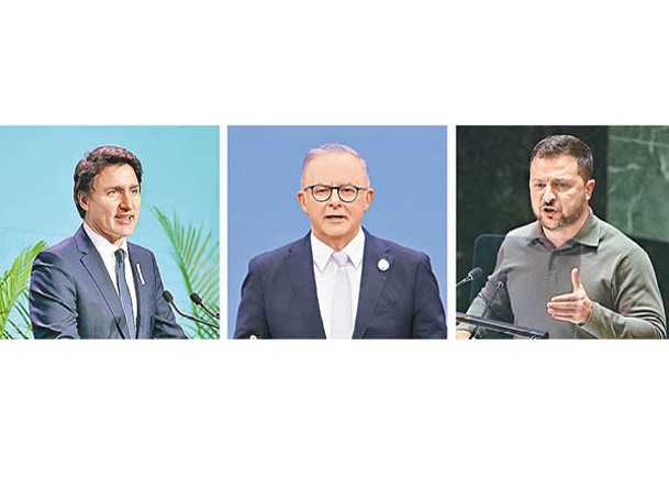 多國領袖包括杜魯多（左起）、阿爾巴內塞、澤連斯基齊聲譴責槍擊事件。