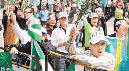 示威者手持波斯菊，抗議陳雲林訪台。（本報高雄傳真）