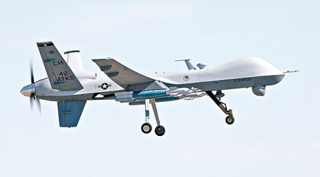 美國空軍一架MQ-9掠奪者無人機，前日因機件故障緊急降落在塞舌爾機場。圖為同型號無人機。（資料圖片）