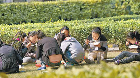 多名疑似童工的女孩於宿舍附近草地用餐。（互聯網圖片）