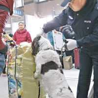 多個車站有警員以警犬檢查旅客行李。（中新社圖片）