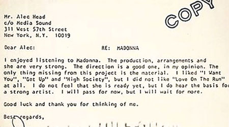 伊恩納寄予麥當娜的唱片公司的拒絕信。（互聯網圖片）