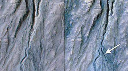 火星在三年間出現新溝壑（箭嘴示）。（互聯網圖片）