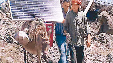 牧人在驢子背部裝上太陽能板，令驢子變成流動發電站。（互聯網圖片）