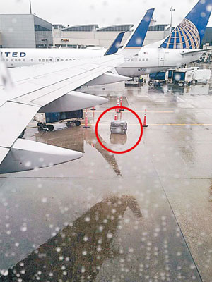 狗籠（紅圈示）被留在停機坪上，淋雨逾半小時。（互聯網圖片）