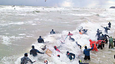 大批人冒着嚴寒在岸邊檢拾沖上岸的琥珀。（互聯網圖片）