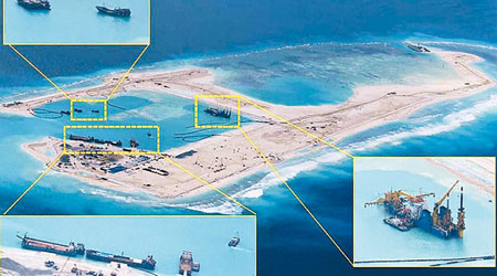 衞星照片顯示永暑礁的填海工程已近完工。（互聯網圖片）